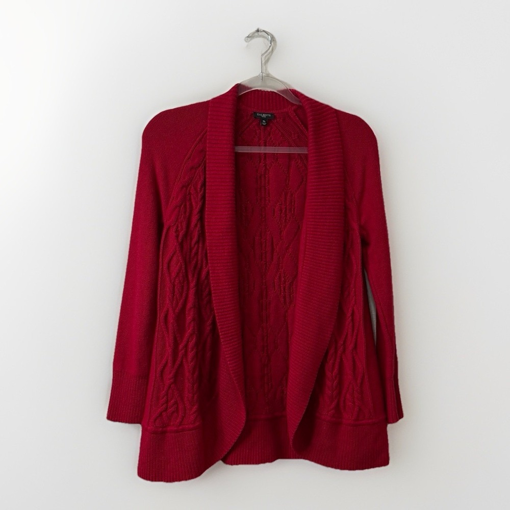 Talbots Cardigan Sweater Womens Petite Size M Red Knit Long Sleeves Wool Blend
